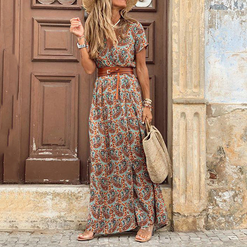 Bohemian Style Waist Trimming Printing Maxi Dress