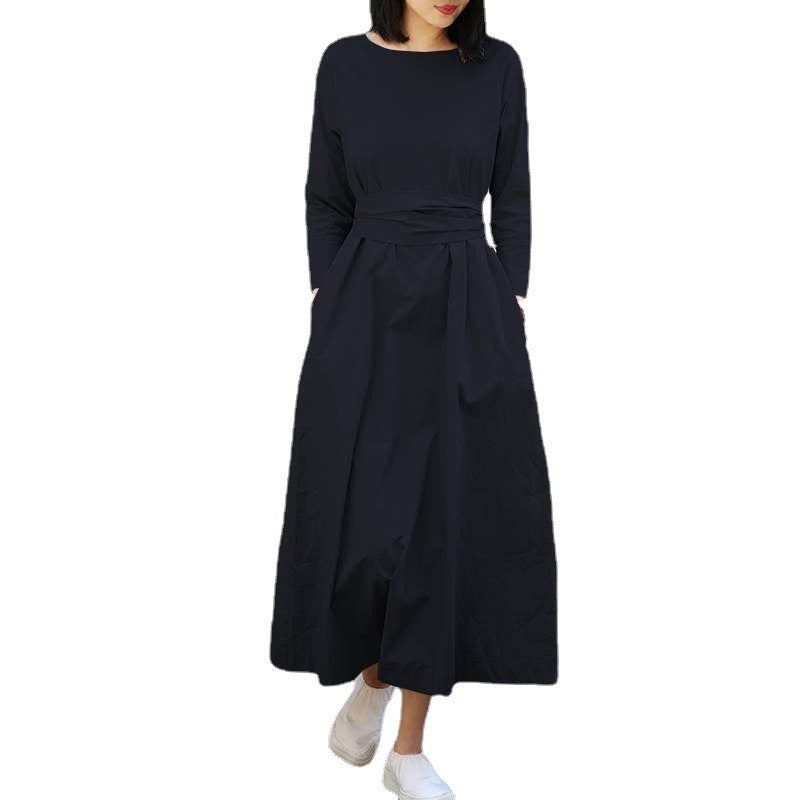 Ladies Pocket Long Sleeve Lace Up Maxi Dress