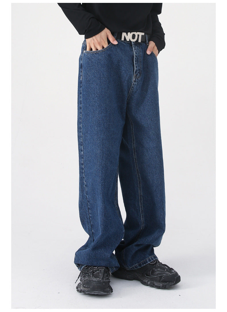Loose Half Elastic Waist Straight Jeans