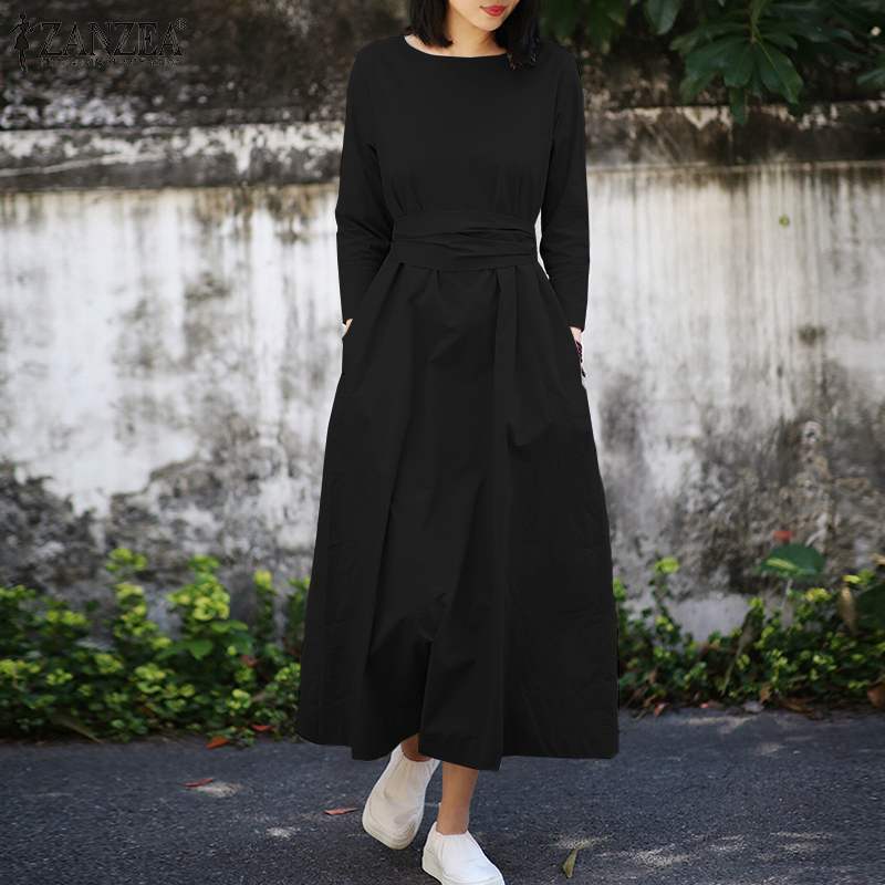 Ladies Pocket Long Sleeve Lace Up Maxi Dress