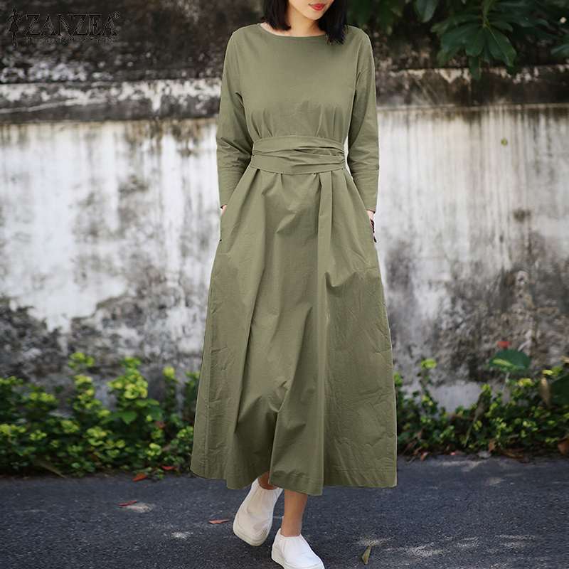 Ladies Pocket Long Sleeve Lace Up Maxi Dress